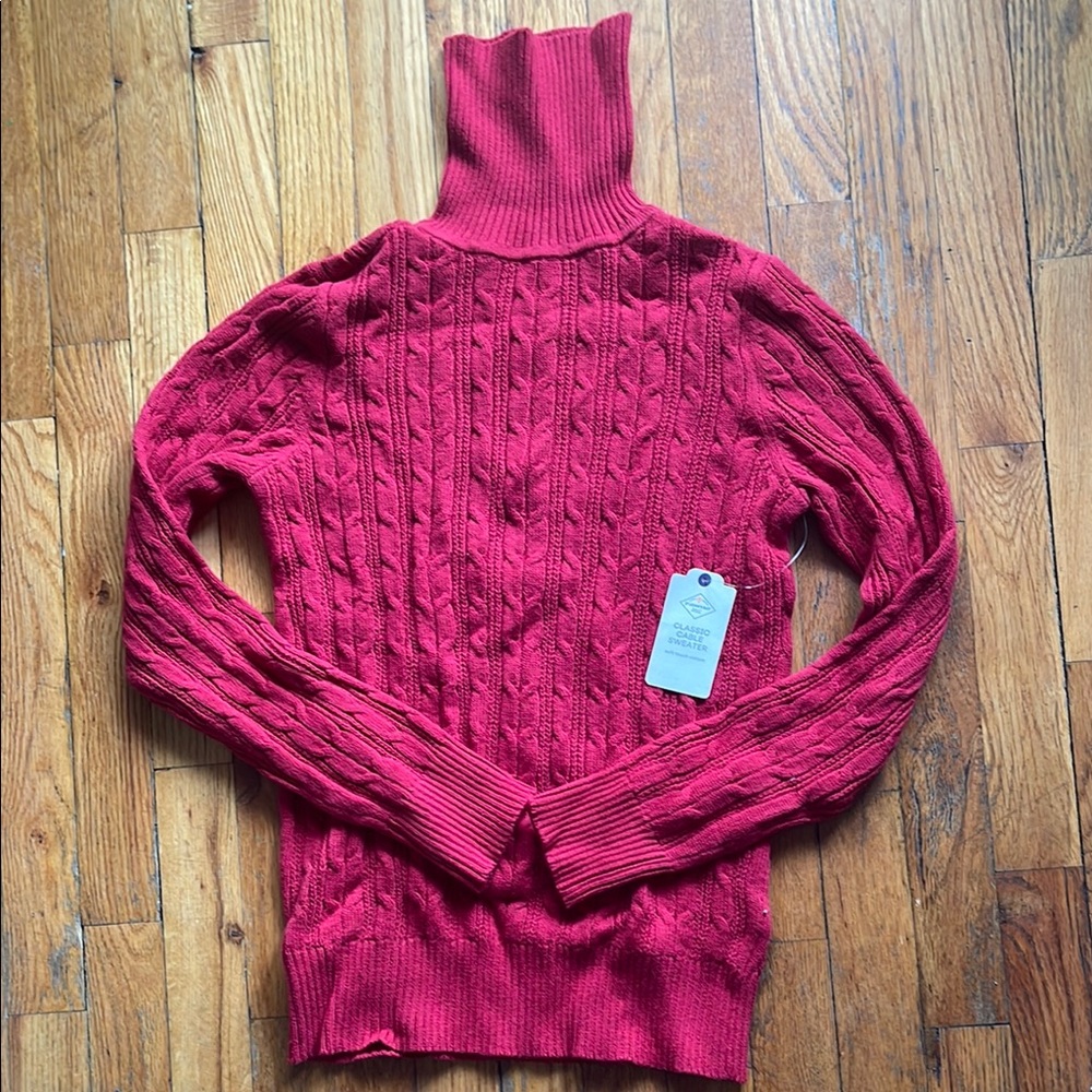 St. John Red Cable Knit Turtleneck Sweater